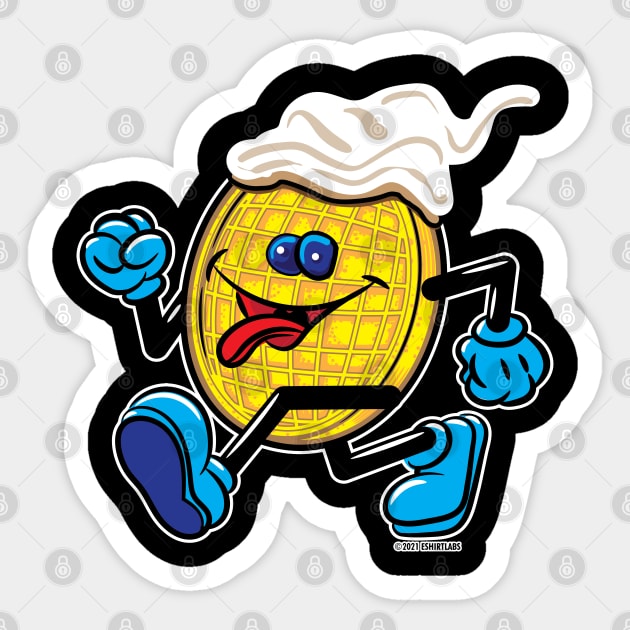 Happy Smiling Waffle Mascot strutting with Blueberries and whipped cream Sticker by eShirtLabs